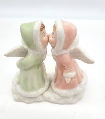 Vtg Porcelain Kissing Angels Figurine Candle Holder Glitter ...