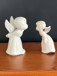 Vintage White Bisque Kissing Angels Figurines, Big Angel and ...
