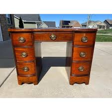 Early 20th Century Antique Cherry Kneehole Partner Desk With 3 Piece Leather Top Inlay and Brass Drawer Pulls | Chairish