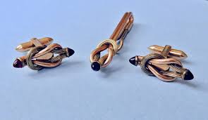 Retro Vintage Two Tone Red Glass Knot Cufflink Tie Bar Set ...