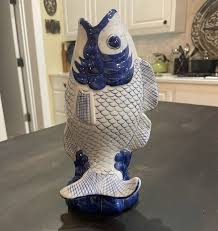 Koi Fish Vase Blue And White Porcelain Chinese Approx 9 ...