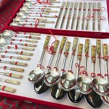 CHOPSTICK SET SPOONS FORKS 54 PIECES SILVER RED GOLD HANDLES ...