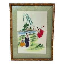 Vintage Asian Framed Colorful Silk Embroidery With Bamboo ...