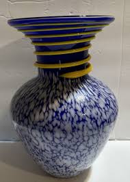 Blue Hand Blown Glass Vase With Yellow Spiral Glass Ribbon And White Spattered | eBay