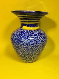 Blue Hand Blown Glass Vase With Yellow Spiral Glass Ribbon And White Spattered | eBay