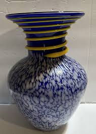 Blue Hand Blown Glass Vase With Yellow Spiral Glass Ribbon And White Spattered | eBay