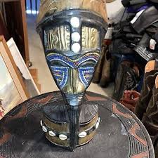 VINTAGE AFRICAN CARVED WOOD BEADED AND HAMMERED METAL MASK ...