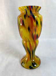 1930s Czech Hand Blown Glass Vase Yellow Splatter Bohemian ...