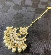 Traditional bollywood style gold tone kundan pearl mang ...