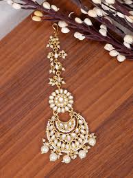 Maang Tikka Indian Gold Plated Blue Kundan Pearl Head ...