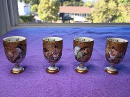 Antique Porcelain Kutani Footed Sake Cups Waka poems Signed ...