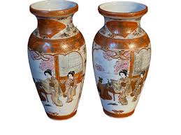 Pair of Japanese Kutani Vases, Decorated in Orange and ...