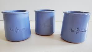 LOT OF 3 LA FERMIERE FRENCH BLUE YOGURT POTS Terra Cotta ...