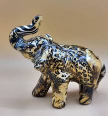 Vintage La Vie Safari Patchwork Ceramic Elephant / Trunk Up ...