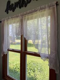 1990's Pair of White Swag Sheer Valances With Floral ...