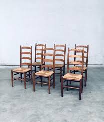 Rustic Design Ladder Back Oak and Rush Dining Chairs, Belgium 1960's For Sale at 1stDibs