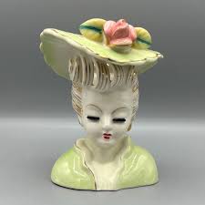 Vintage 1960s Lady Head Vase: Mid-century Green Hat Planter ...