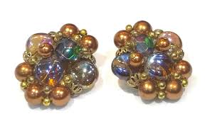 Beautiful Large Vintage Crown Trifari Iridescent Glass Bead With Round Bronze and Gold Tone Tone Bead Earrings - Etsy