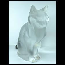 French Lalique Frosted Glass Statuette of a Seated Cat Chat Assis, . For Sale at Ruby Lane