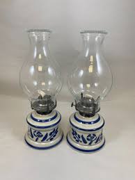 2) LAMPLIGHT FARMS STONEWARE HURRICANE OIL LAMPS COBALT BLUE ...