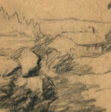 Antique Pencil Original Drawing Village, Landscape, Building ...