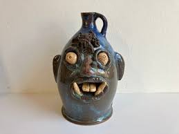 Vintage Ugly Face Pottery Jug: Signed Folk Art Medallion, Blue & Brown Glaze - Etsy