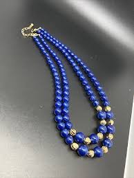 Beautiful Blue Opalescent Moon Glow Lucite Beaded Gold Tone 2 Strand Necklace | eBay