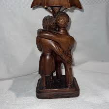 Ethnic Wooden Sculpture of Couple In The Rain with Umbrella by Y VALDEMAR | eBay