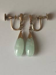 Vintage 14K Gold Light Green Jade Teardrop Screw Back ...