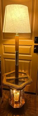 Vintage Oak Glass Table Floor Lamp Glass Smoked Etched ...