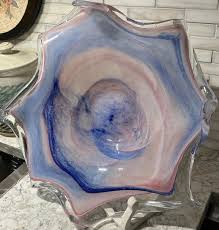 Vintage Handblown Art Glass Bowl - Pink & Blue Swirl ...