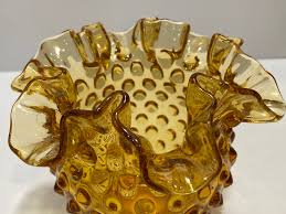 Vintage Amber Depression (?) Glass Hobnail Crimped Rose Bowl ...