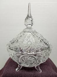 Vintage CRYSTAL FOUR FOOTED LIDDED CANDY DISH BOWL SPEAR ...
