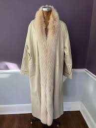 90s Iridescent Ivory Leather Oversized Coat With Fox Collar ...