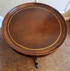 1960s Regency Mahogany and Tooled Leather Stencil Pedestal Tea Drum Table For Sale at 1stDibs | antique drum table for sale, antique drum table with claw feet, leather top drum table