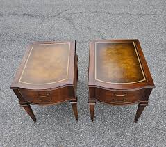 Mid-Century Hollywood Regency Mahogany and Tooled Leather Top Side Tables, Pair at 1stDibs | leather top tables, vintage leather top table, weiman heirloom table