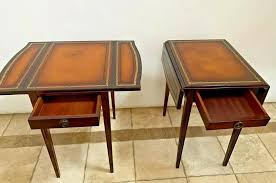 1940s Vintage Pembroke Table Set by Carolina Panel Co Gold Embossed Leather Mahogany - a Pair | Chairish
