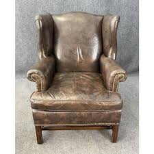 Ethan Allen Leather Chippendale Wingback and Ottoman | Chairish