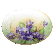 Large Antique Hand Painted Porcelain Violet Flowers Brooch C ...