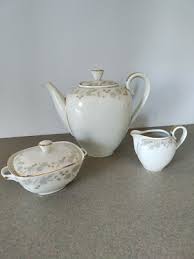 K&A Krautheim Tea Set Teapot Creamer Sugar Off White Gold ...