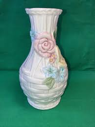Fitz and Floyd White Ceramic Floral Vase 1990 Basket Weave ...