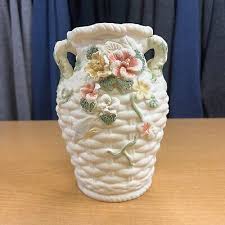 Vase White Basket Weave With colored Roses Double Handle ...