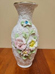 Vintage Ceramic White Vase Applied Flowers Pink And Green | eBay