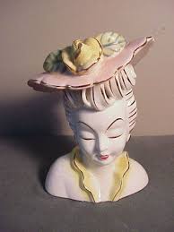 vintage large ladies head vase - upswept reticulated hair - pink flowered hat