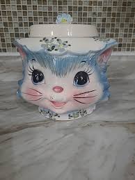 Lefton Miss Priss Ceramic Cookie Jar #1502 Vtg Lefton Blue Cat Kitten Floral Hat | eBay