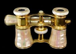 Lot - French LeMaire mother of pearl opera glasses, late 19th/ early 20th C., signed "LeMaire Fabt, Paris" with two bee marks on eye pieces, encased with iridescent mother of pearl throughout,