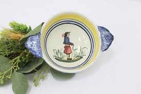 French Vintage Hand Painted Porringer Soup Bowl, Quimper
