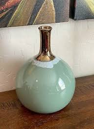 Green and Gold Long Neck Bulbous Round Ceramic Vase | eBay