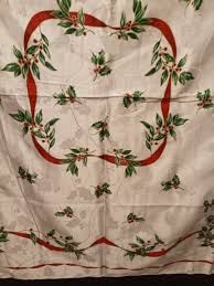 Vintage Christmas Damask Tablecloth Holly Berry Ribbon 52" X ...