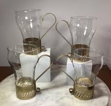 Mid-century Glass Coffee Cups: Brass Tone Heart Handles, Set ...